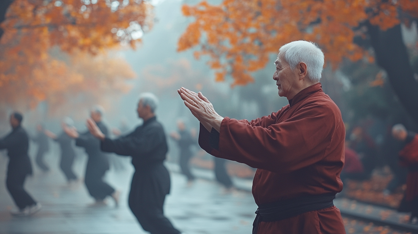 Група старших людей виконує традиційні вправи тай-чі в парку